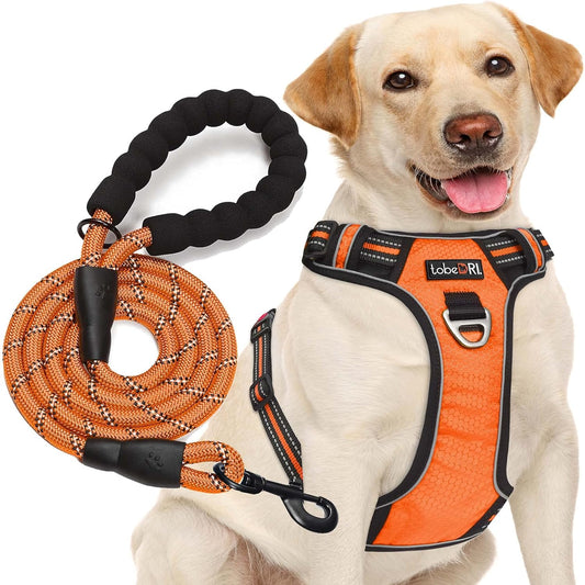 No Pull Dog Harness Adjustable Reflective Oxford Easy Control Medium Large Dog Harness with A Free Heavy Duty 5ft Dog Leash (XL (Chest: 31"-39"), Orange Harness+Leash)