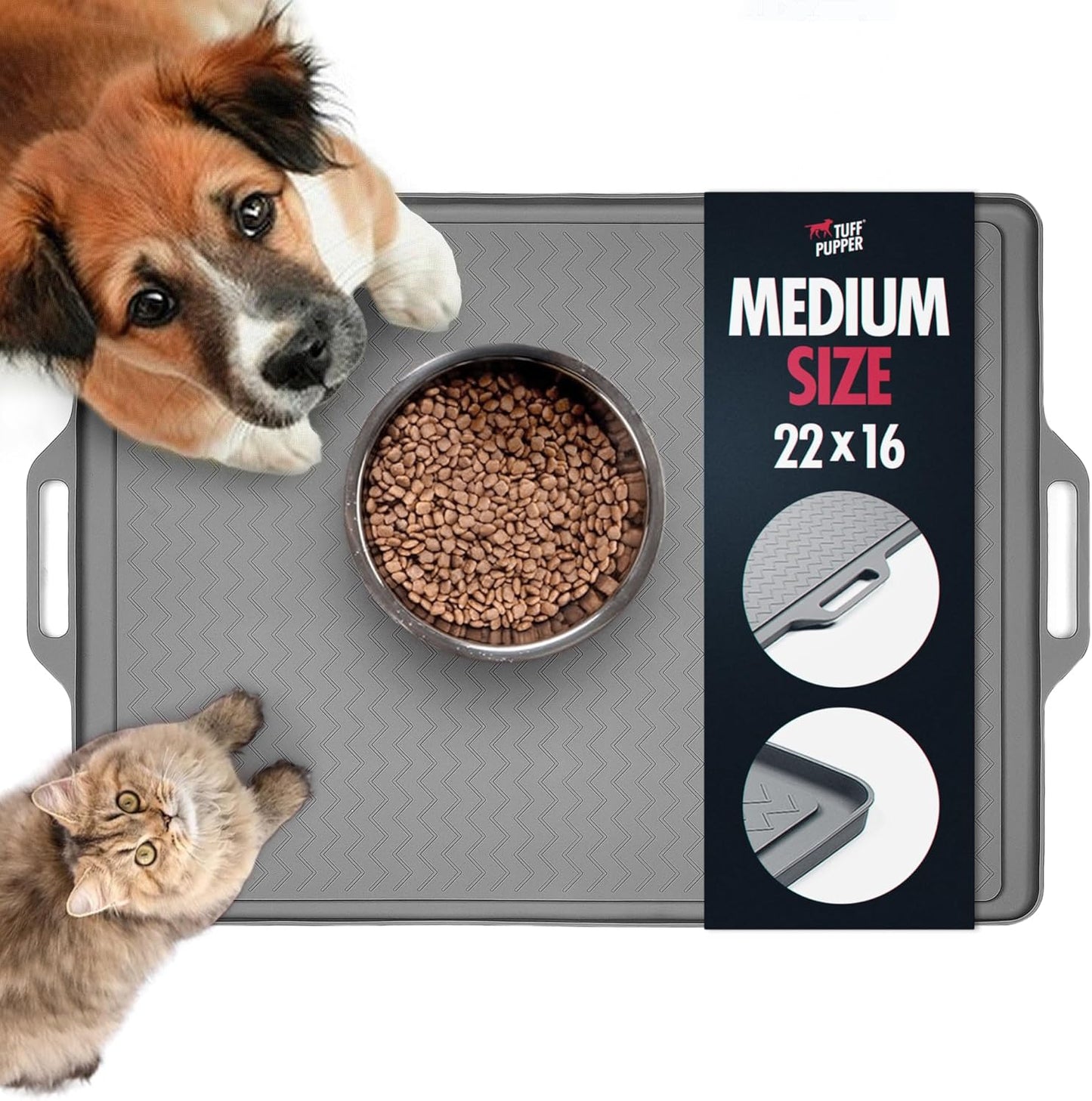 Tuff Pupper 22x16 Medium Dog Feeding Mat for Food and Water | Dog Food Mats for Floors | Waterproof Dog Water Bowl Mat | Dog Placemats Pet Food Mat | Silicone Feeding Mat for Cats and Cat Bowls