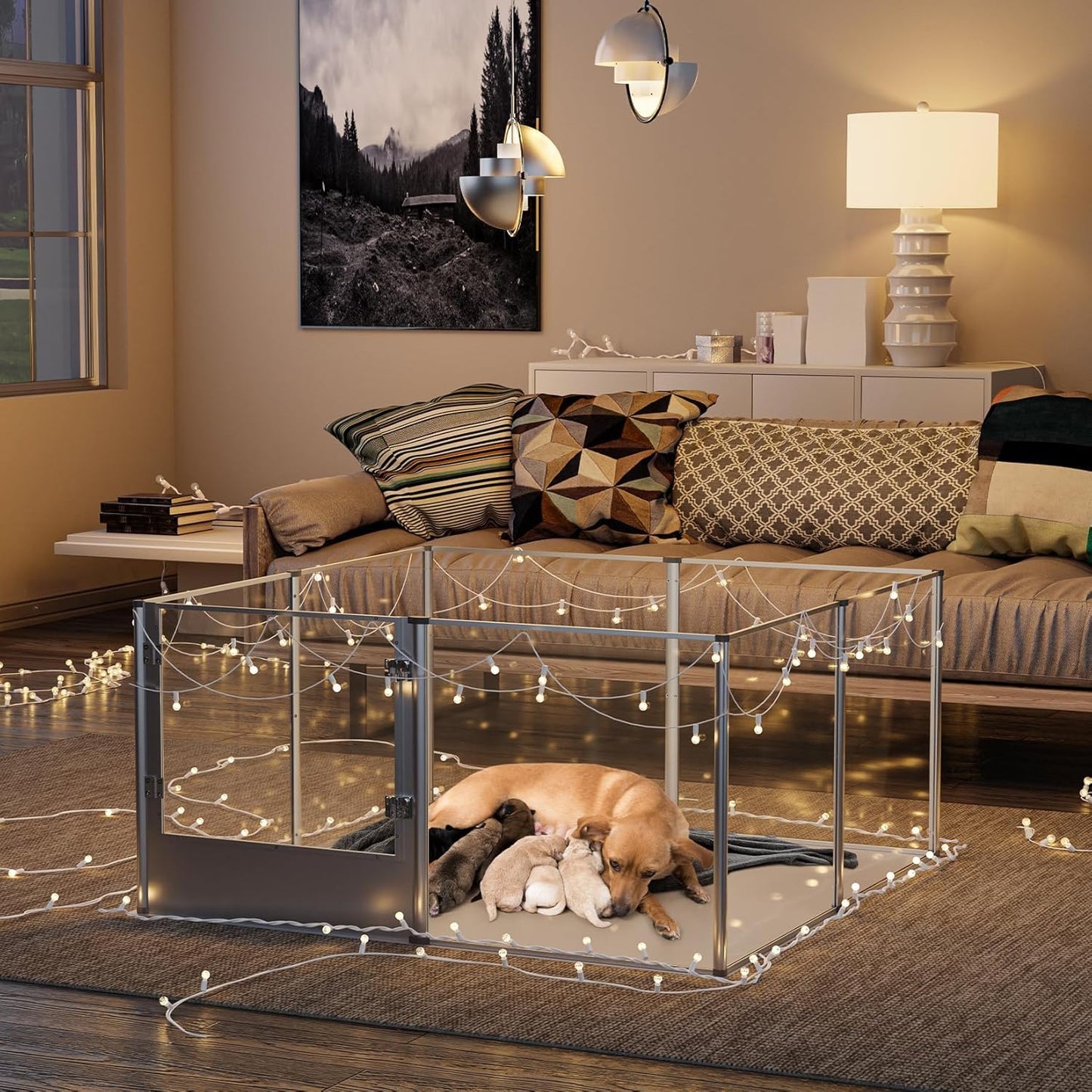 Dog Clear Playpen Fence Kennel: Pet Indoor Heavy Duty Whelping Box Pen Cage with Waterproof whelping pad - Small Animal Acrylic Exercise Kennel Pen with Metal Frame for Cats Puppy Rabbits Guinea Pig