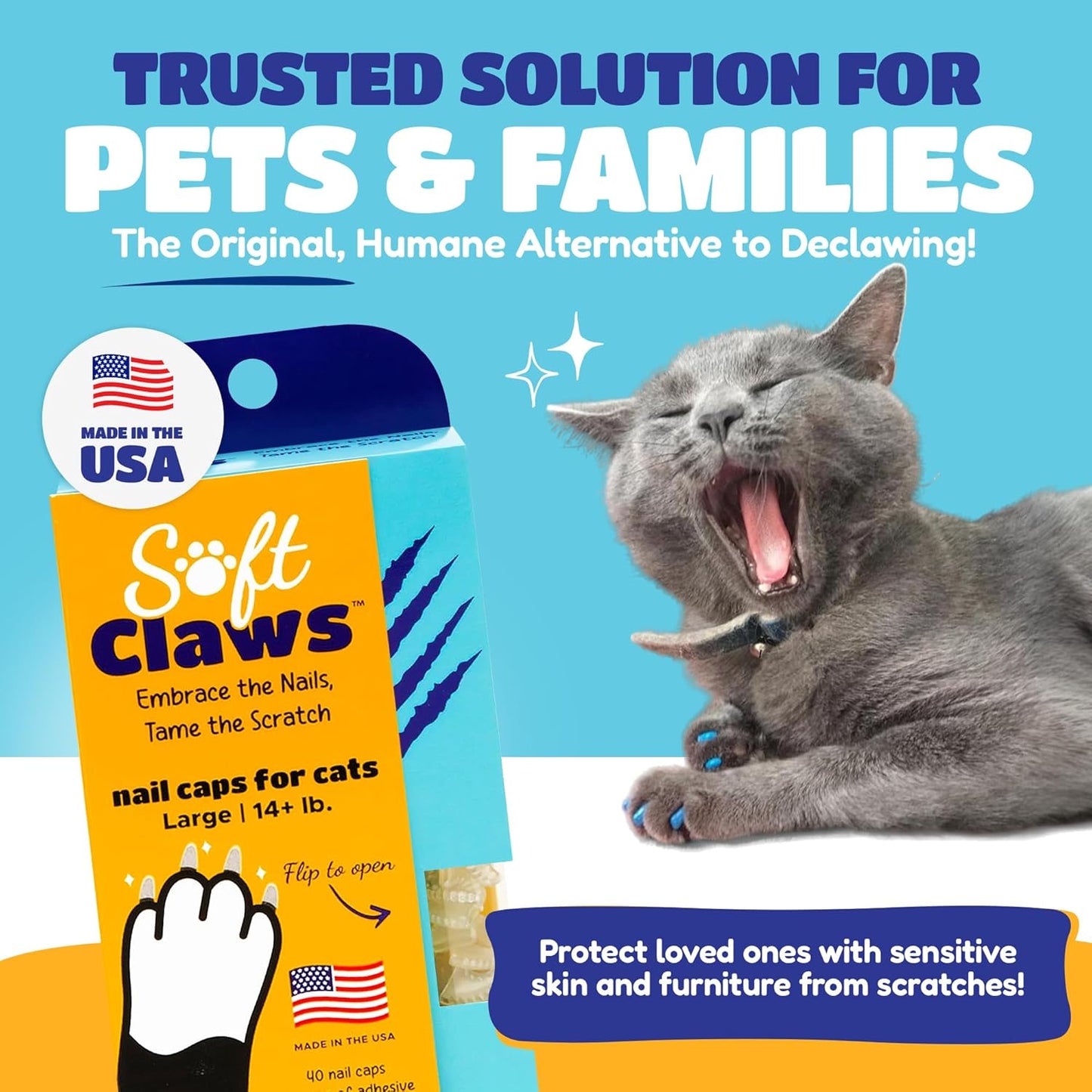 Soft Claws Nail Caps for Cats Made in USA - 40 Cat Claw Caps for 4-6 Weeks of Protection - Long-Lasting Cat Scratch Deterrent for Furniture - Holiday (Silver & Gold Sparkle), Large