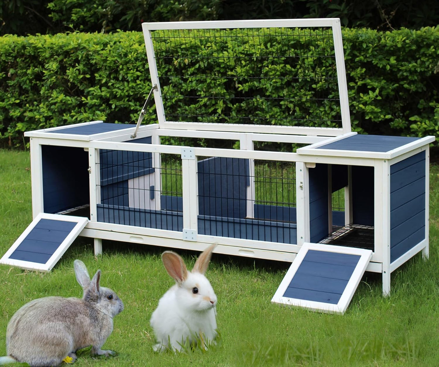 Rabbit Hutch Indoor Leakproof Bunny Cage Fir WoodenOutdoor Bunny House with Wire Floor Leakproof Plastic Tray (Blue)