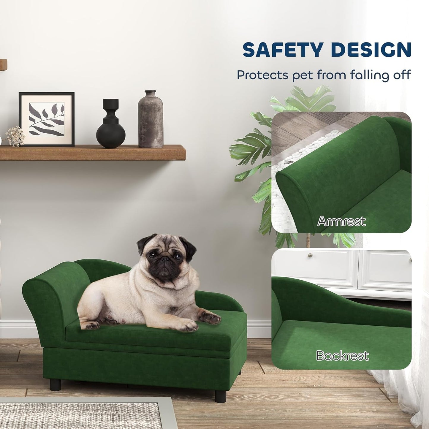 PawHut Luxury Fancy Dog Couch with Hidden Storage, Small Dog Sofa Bed with 2" Soft Foam, Modern Pet Furniture for Puppies & Little Breeds, Green