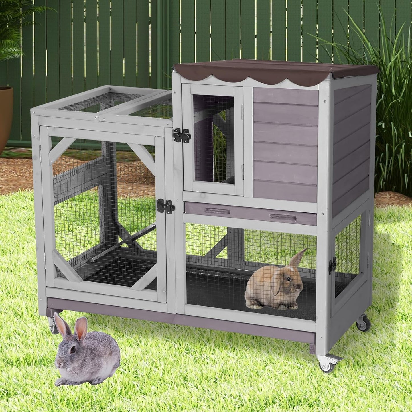 Wooden Rabbit Hutch with Two Story, Bunny Cage with Leak-Proof Trays, and Chew-Proof Ramp, Guinea Pig Cage with Wheels, Suitable for Indoor/Outdoor Use (Grey)