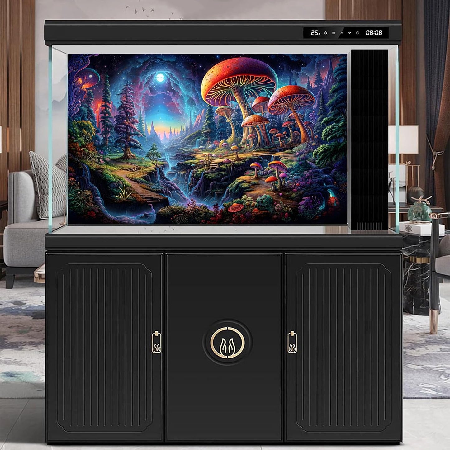 Forest Aquarium Background Fantastic Cartoon Forest Landscape with Mushrooms and Flowers Terrarium Background Fantasy Pine Tree Mysterious Mushroom Theme Fish Tank Backdrop Poster Decor 72x16in