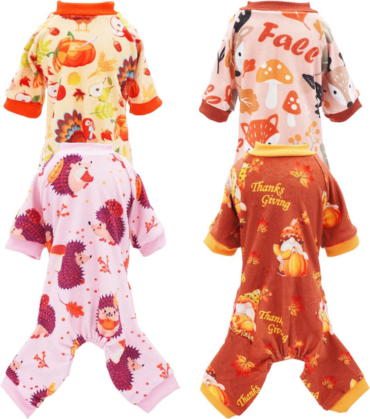 PET SHOW 4 Pack Fall Small Dog Pajamas Thanksgiving Clothes Doggies Girl Boy Soft Stretchy PJs Autumn Jumpsuit Puppy Cats Onesies Outfits with Sleeve Pets Dachshund Costume S