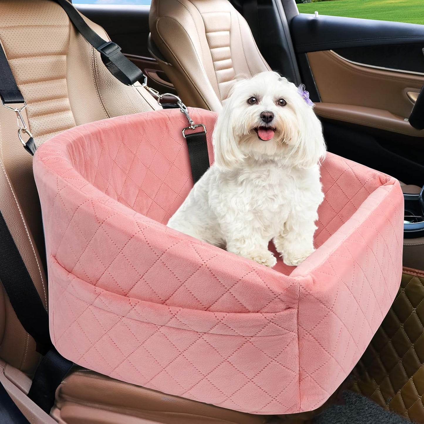 Dog Car Seat for Small Medium Dogs,Detachable Washable Dog Booster Seat Under 30lbs, Pet Car Seats Travel Bed with Storage Pockets and Safety Belt(Pink)