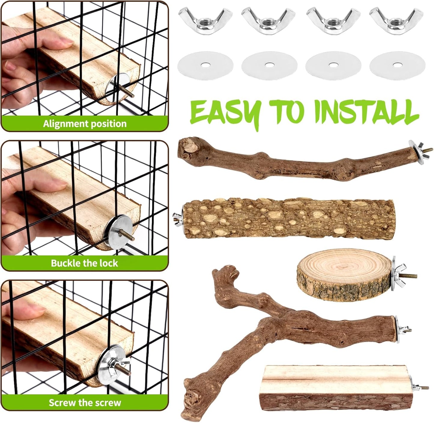 8PCS Natural Grape Wood Bird Perch Set - Parrot Cage Stand with Paw Grinding Forks, Chewing Sticks & Exercise Branches for Parakeets, Cockatiels, Conures, Budgies, Finches