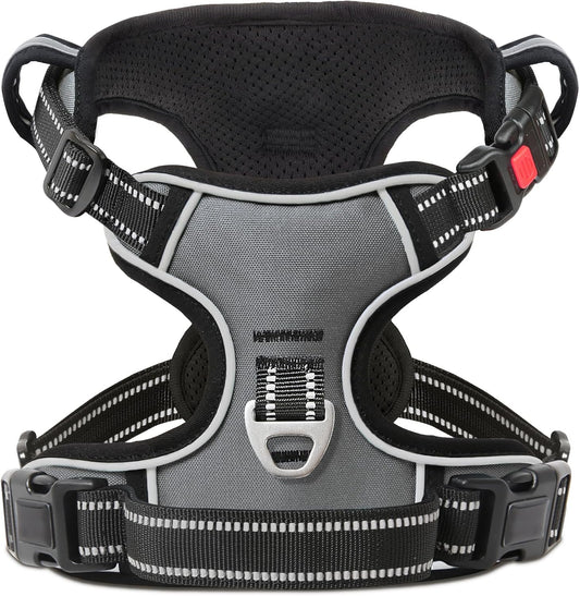 Timos Dog Harness Large Sized, No Pull with Neck Lockable Snap,No Choke Front Clip Dog Reflective Harness,Adjustable Metal Rings 3 Buckles,Easy Control Handle for Large Dogs Gray XL