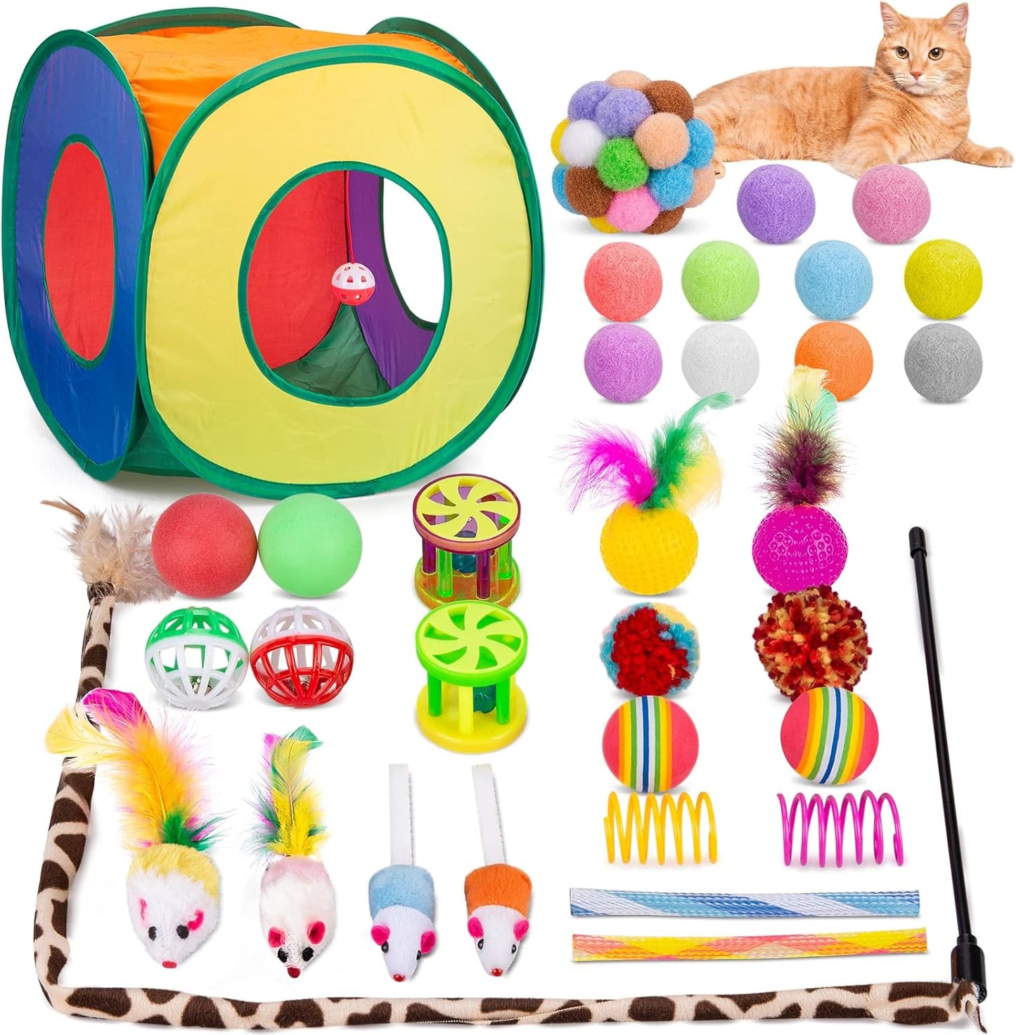 Retro Shaw Cat Toys Bundle 33 Pack, Interactive Kitten Toys for Indoor Cats Kitty with Collapsible Play Tunnel Tube Tent Feather Wand Teaser Bell Fuzzy Ball Springs Mouse Toy