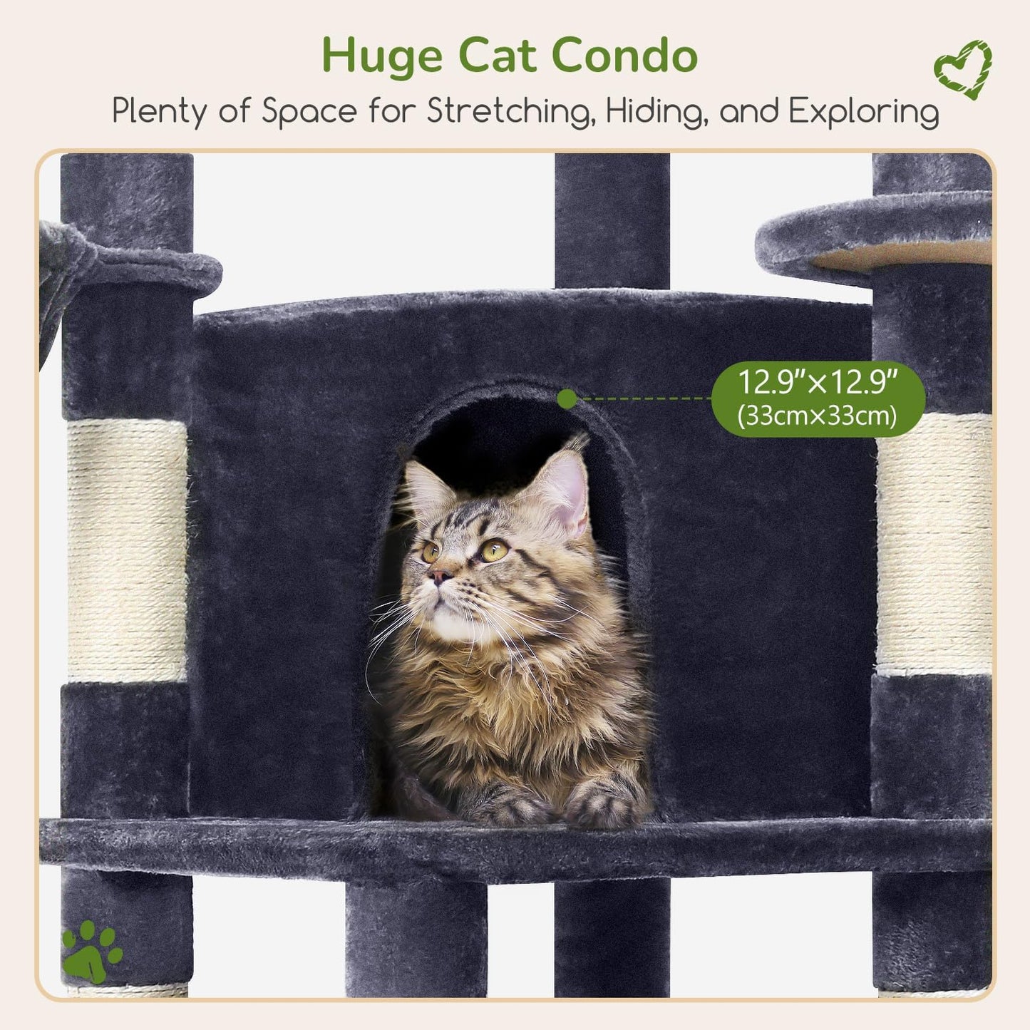 Globlazer Corner Cat Tree Tower for Indoor Cats, 51in Multi-Level Cat Condo Tower with Large Hammock, 7 Sisal Scratching Posts, Oversized Top Perch, Spacious Cat Cave, Hanging Basket, C51, Dark Grey