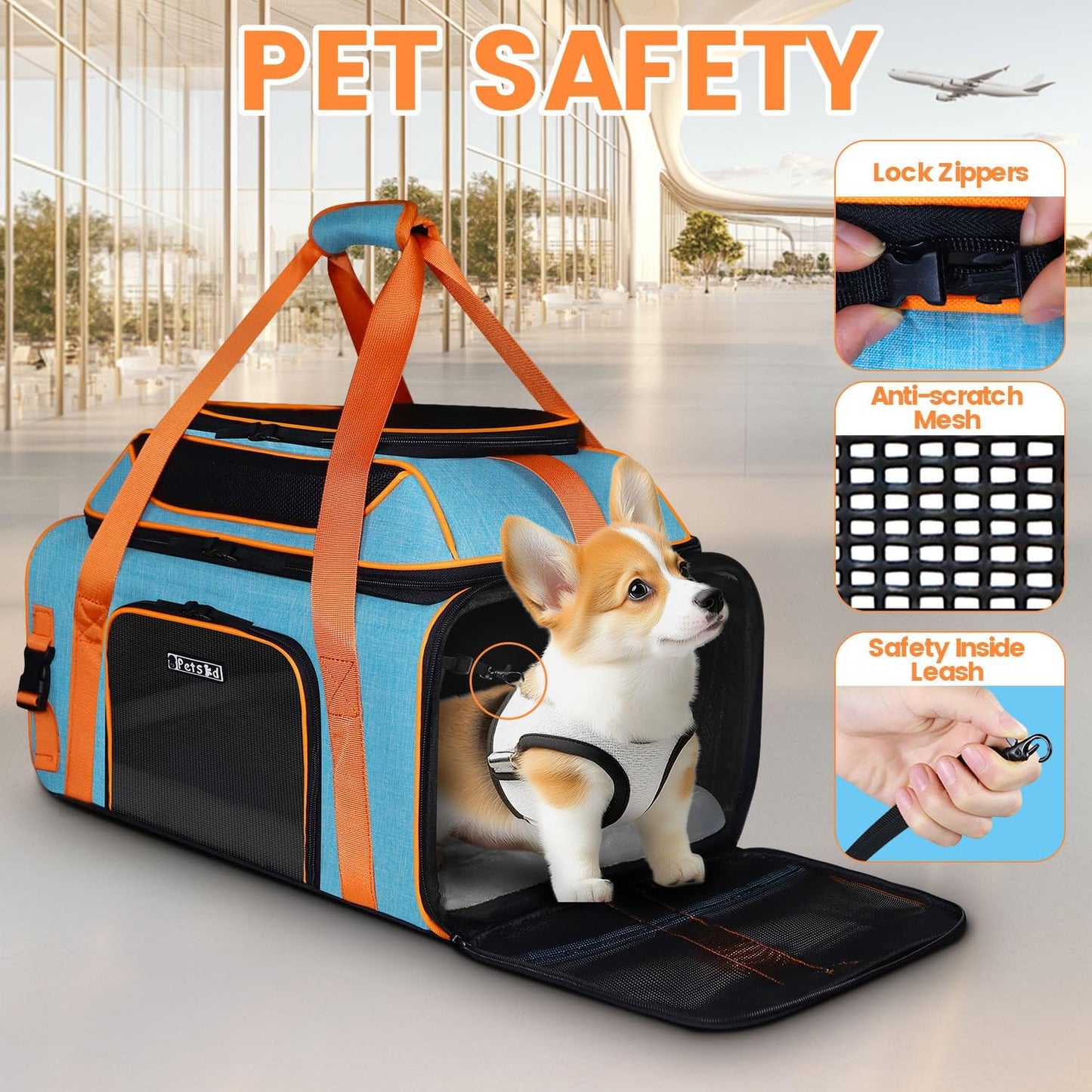 Petskd Top and Side Expandable Pet Carrier 19x13x9 Inches Southwest Allegiant Airlines Approved, Soft-Sided Carrier for Small Dog Under 12 lbs and Large Cat Under 15 lbs(Blue)