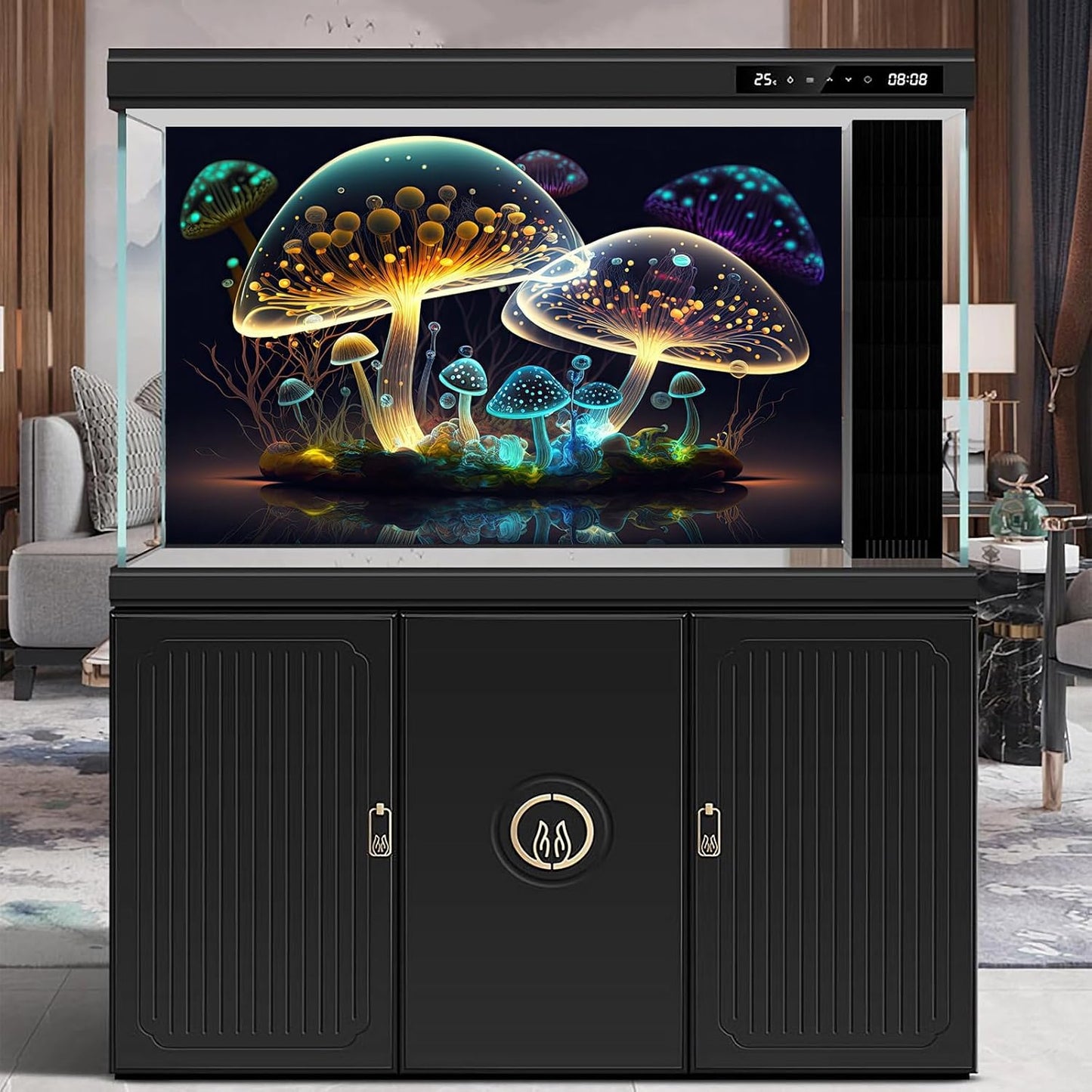 Mushroom Aquarium Background Abstract Glowing Fantasy Mushrooms Terrarium Background Mysterious Forest Magical Night In Circle Shape Crystal Glass Fish Tank Backdrop Decorations Vinyl 72x16in