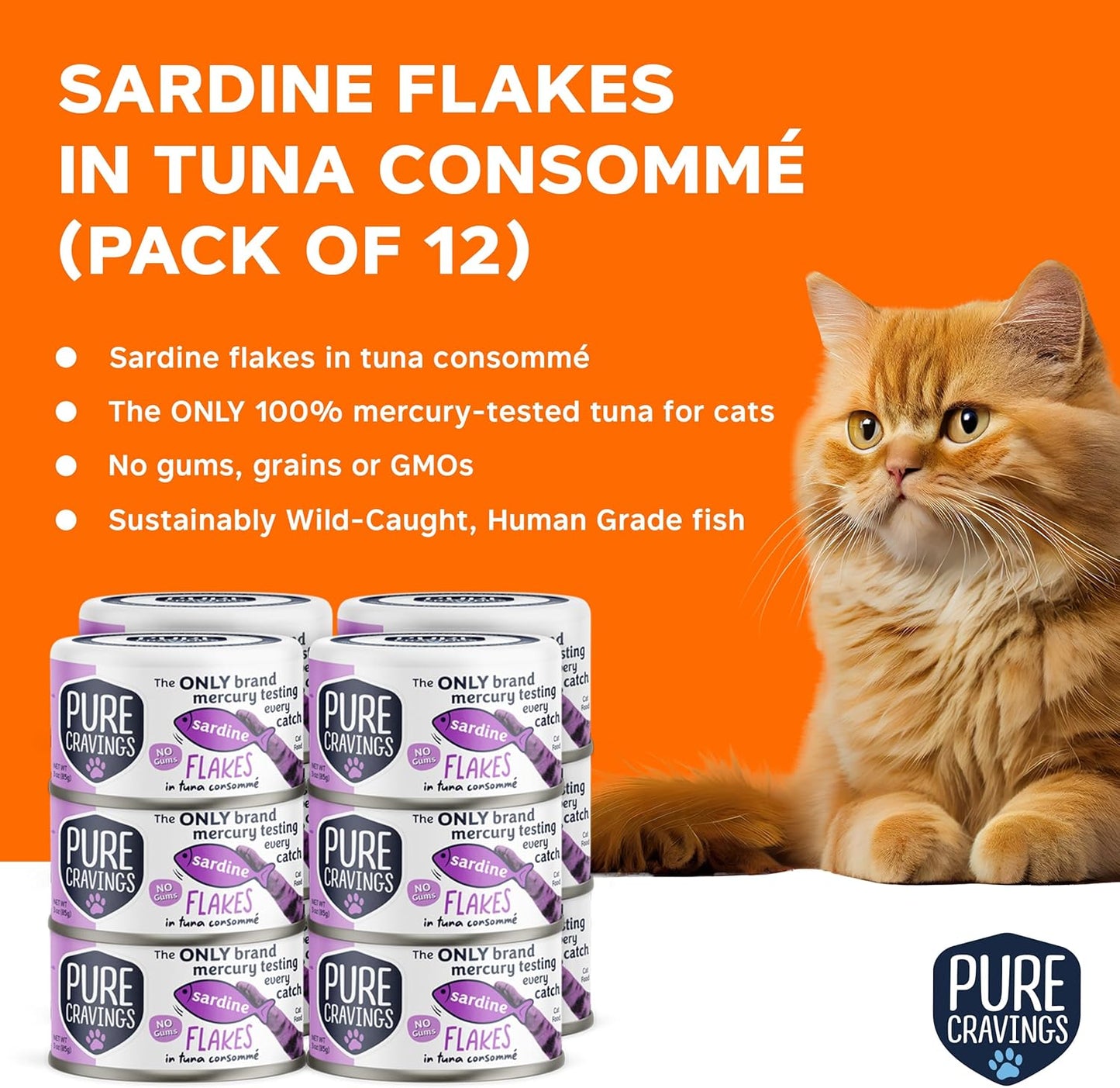 Sardine Flakes in Tuna Consommé, Canned Wet Cat Food Soup, 100% Mercury-Tested, Moist Can Fish, Grain-Free Protein, Non-GMO, 3oz, Pack of 12