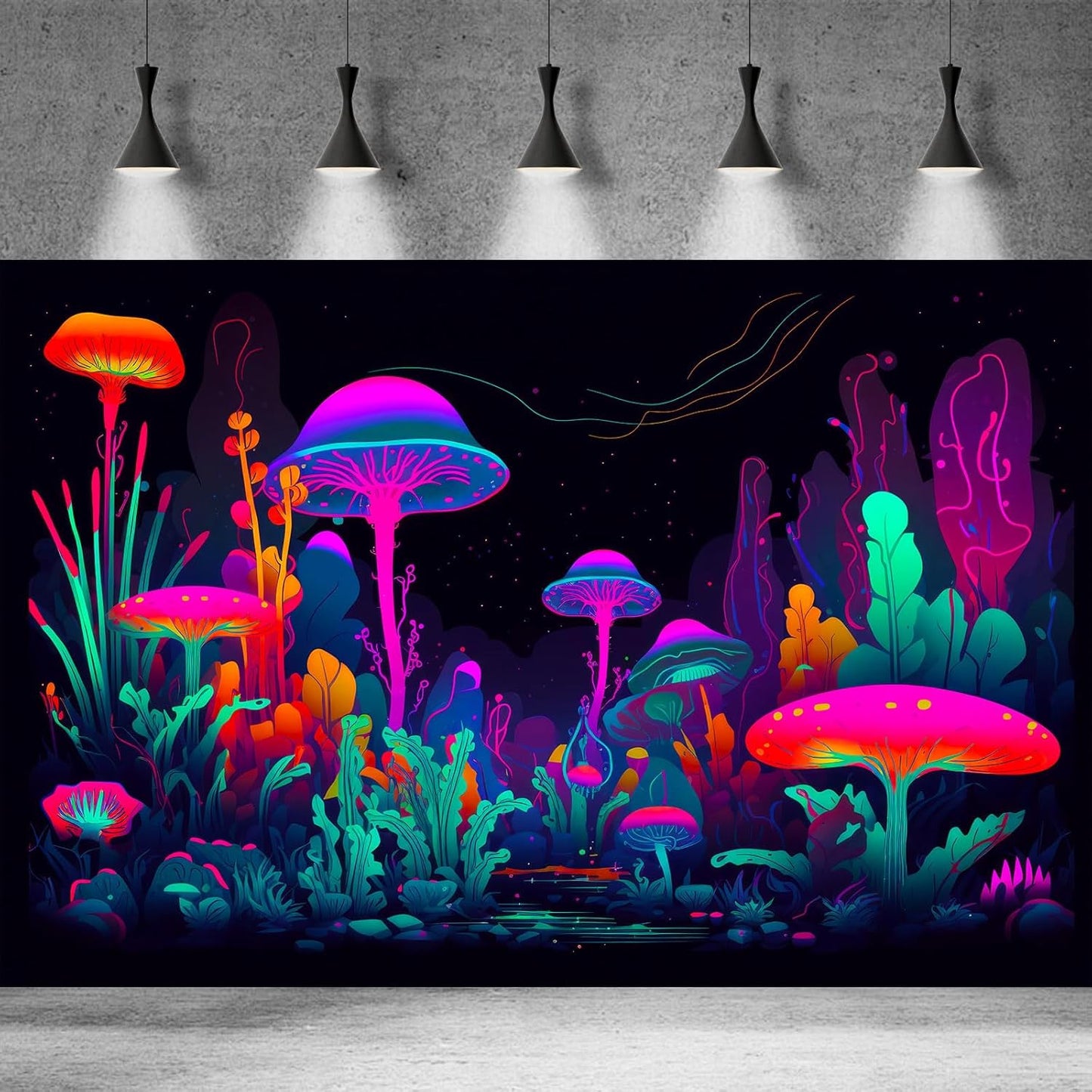 Mushrooms Aquarium Background Mushrooms in Dark Forest with Bright Colors Terrarium Background Tranquil Lake Cartoon Style Aquatic Plants Fish Tank Backdrop Poster Decorations Wallpaper Decor 48x18in