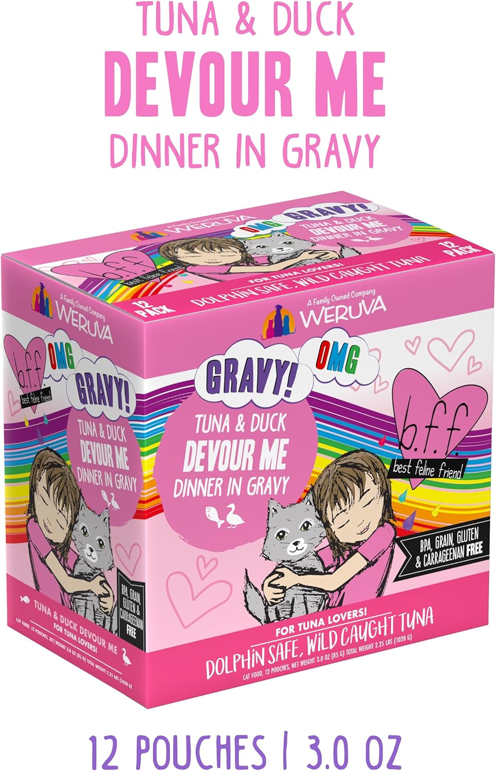 Weruva B.F.F. OMG - Best Feline Friend Oh My Gravy!, Tuna & Duck Devour Me with Tuna & Duck in Gravy Cat Food, 3oz Pouch (Pack of 12)