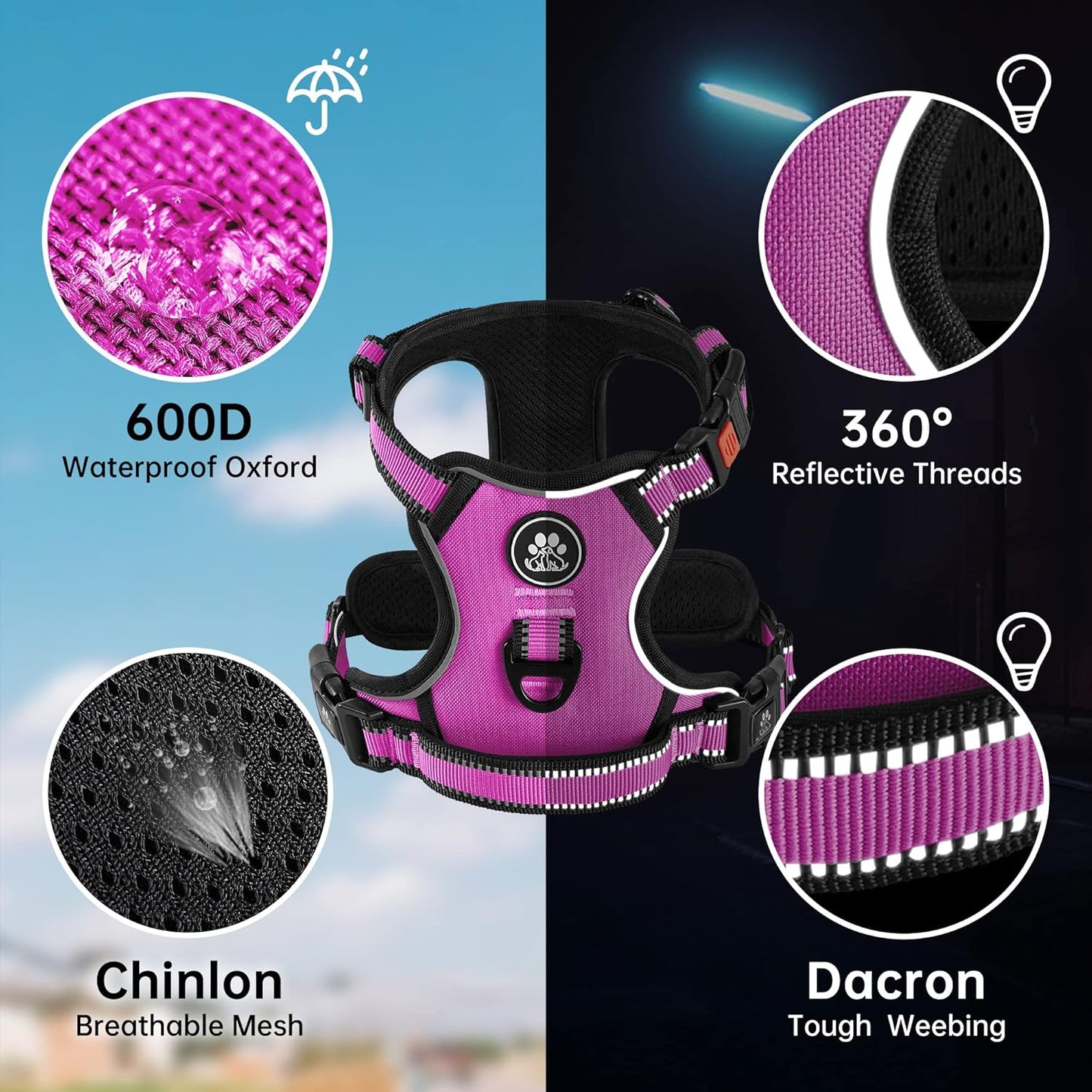 NESTROAD No Pull Dog Harness,Adjustable Oxford Dog Vest Harness with Leash,Reflective No-Choke Pet Harness with Easy Control Soft Handle for Large Dogs(Large,Fuchsia Pink)