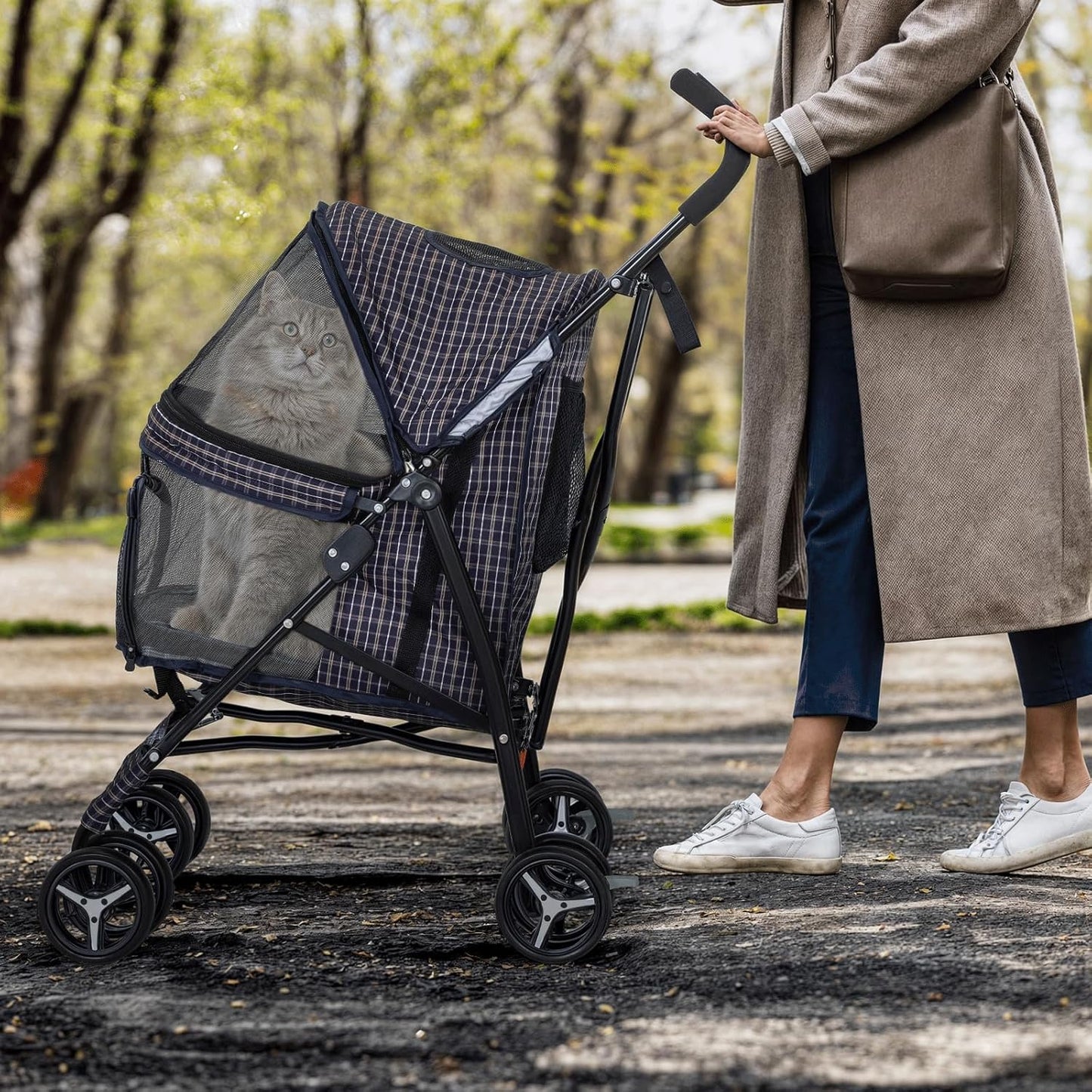 MoNiBloom 4 Wheels Pet Stroller, Easy-Fold Umbrella Shaped Dog Cat Jogger Stroller w/Storage Bag & Visible Mesh for Small/Medium Dogs Cats Plaid