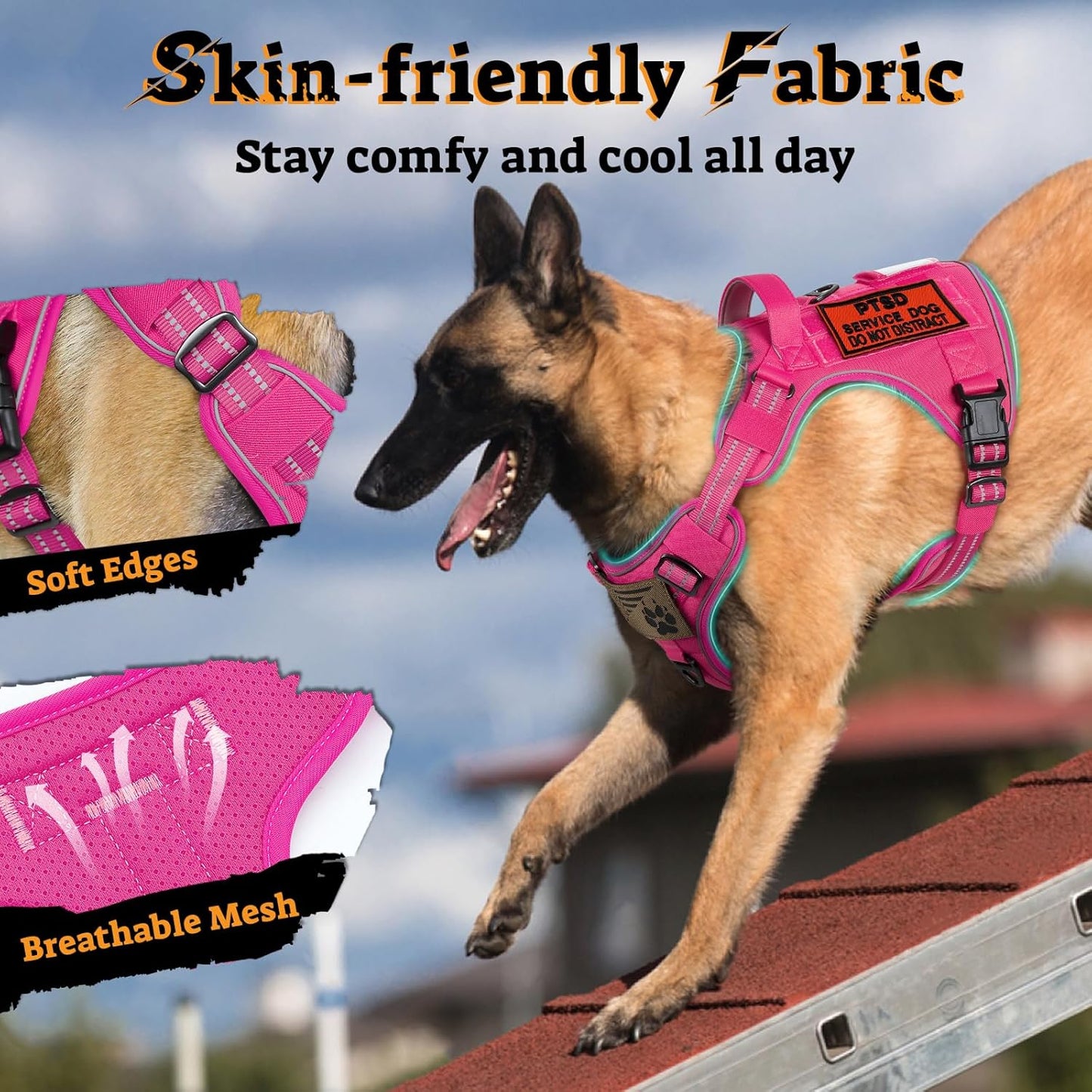 rabbitgoo Dog Harness Medium Sized No Pull, Tactical Service Pet Vest with Molle and Control Handle, Adjustable and Reflective Military Harness for Easy Walking and Training, Rose Red, M
