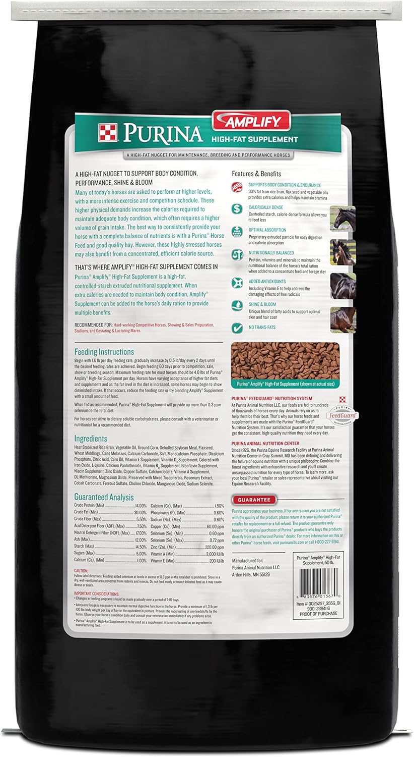 Purina, Amplify Equine, High-Fat Horse Supplement for Maintenance, Breeding, & Performance Horses, 50 lbs