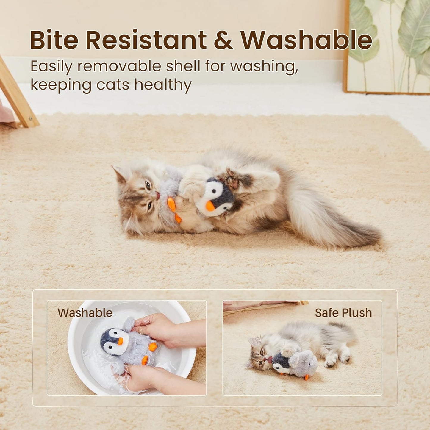 Potaroma Flapping Cat Toys Emperor Penguin, Rechargeable, Lifelike Bird Chirp, Catnip Kicker Toys, Touch Activated Kitten Toy, Interactive Cat Exercise Toys, 4.0 Inches