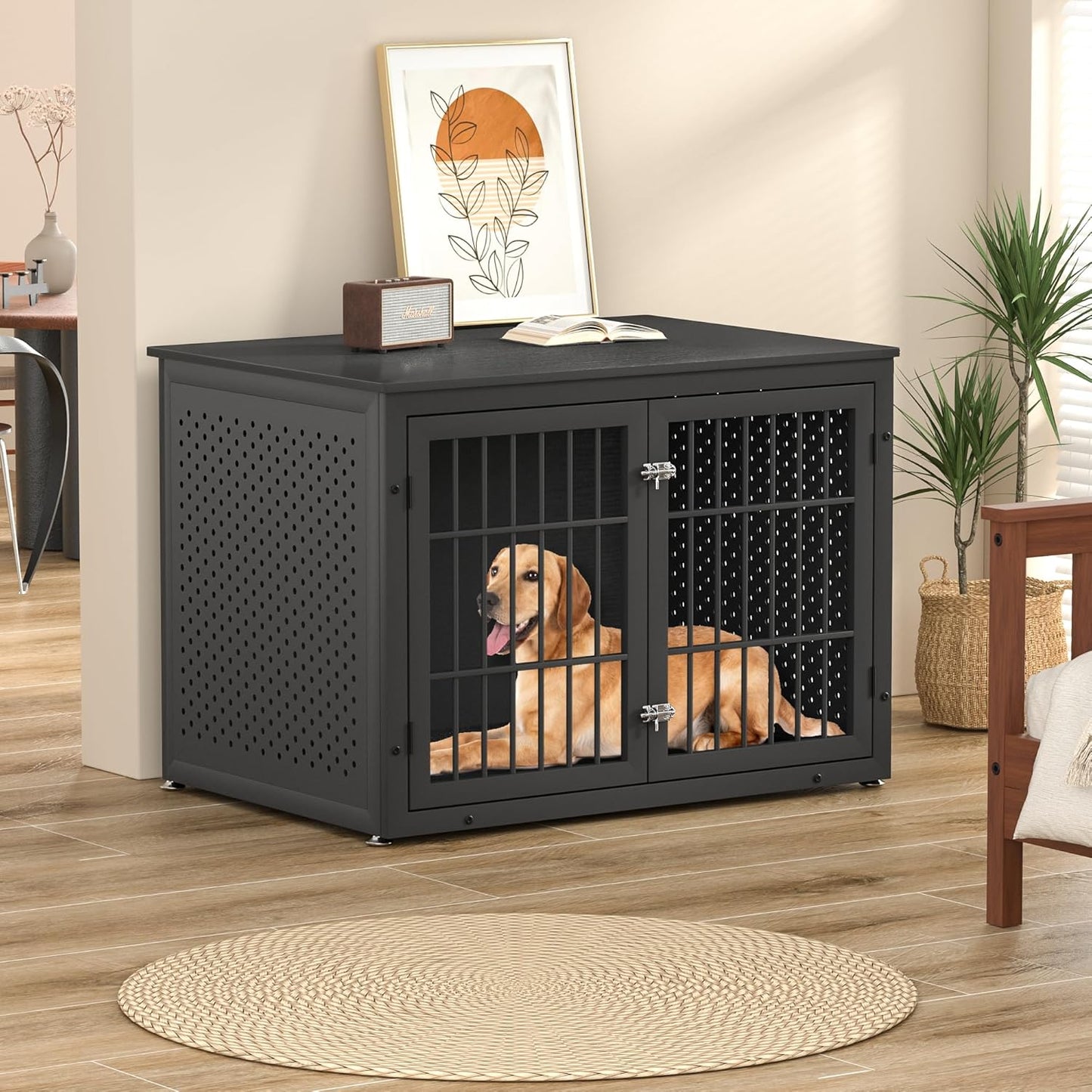 42" Heavy Duty Dog Crate Furniture for Large and Medium Dogs, Enclosed Design Wooden Metal Kennel, Wooden Cage Furniture Indoor, Decorative Dog Kennel End Table