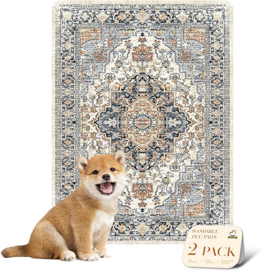 nunubaby Reusable Potty Pads for Dogs for Crates and Floors. Washable Pee Pads for Dogs, Stylish, Non-Slip and Leak-Proof Pee Pads. (Beige/Multi, 18" x24")