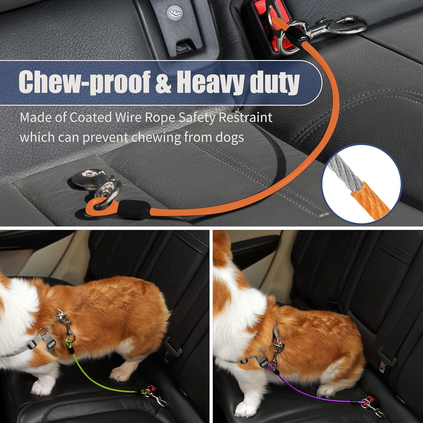 Dog Seat Belt Harness for Car,Dog Seatbelt of Coated Wire Leash Safety Restraint,No Chew Tether Cable Vehicle Dogs Accessories,Double Clips & Latch (Orange, 16 inch/40 CM)