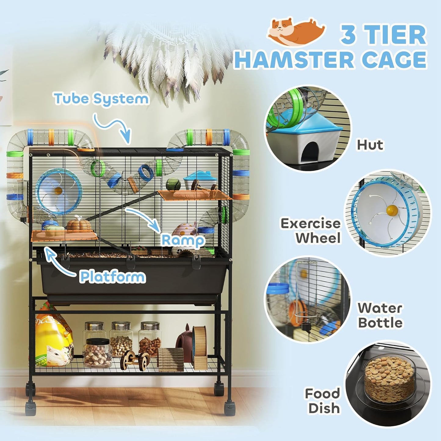 PawHut Hamster Cage with Deep Tray, 3 Tier Rolling Rat Cage with Storage Shelf, Big Exercise Wheel, Tube System, Hut, Platforms, Ramps, Food Dish, Water Bottle, for Syrian, Gerbil, Mouse