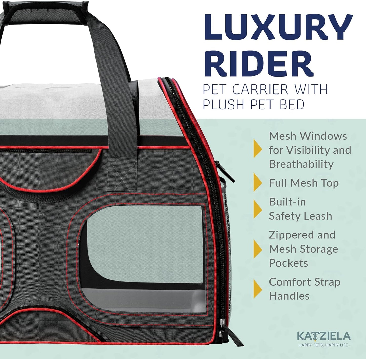 Katziela Pet Carrier - Airline Compliant - TSA Approved Pet Carrier for Small Dogs and Cats - Soft FAA Travel Airplane Dog Carrier Luggage (Black/Red)