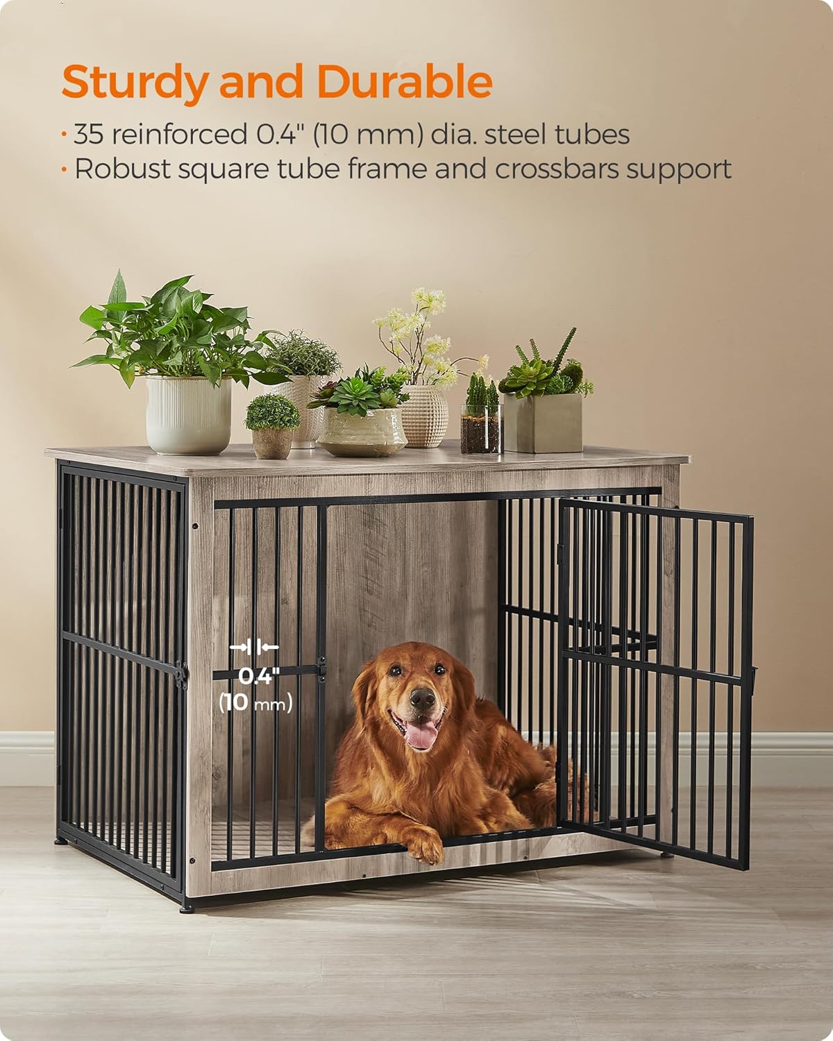 Feandrea Dog Crate Furniture, 43.3" Side End Table, Modern Kennel for Dogs Indoor up to 80 lb, Heavy-Duty Dog Cage with Enclosed Base, Double-Door Dog House, Greige UPFC024G01