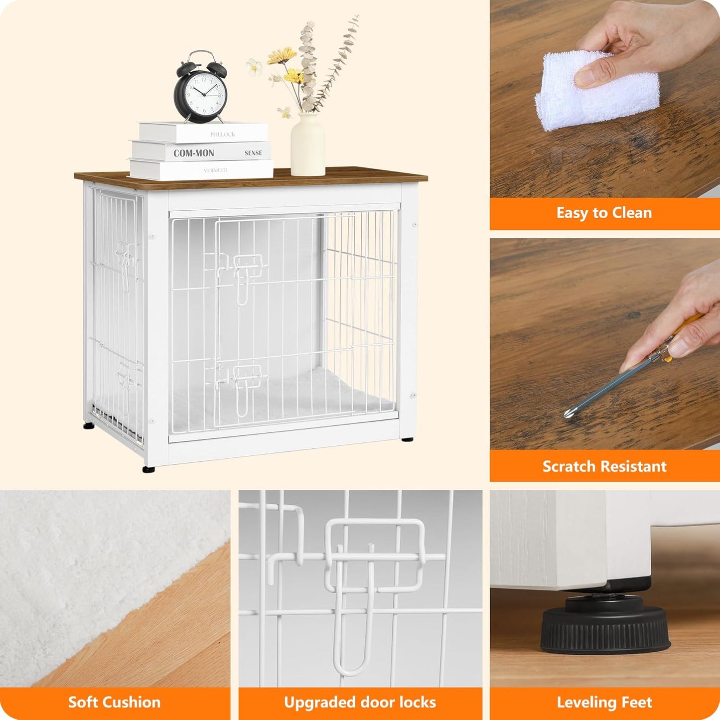 DWANTON Dog Crate Furniture with Cushion, Wooden Kennel Table with Double Doors, Indoor Dog House, Small/Medium/Large Size, 27.2" L, White+Warm Brown