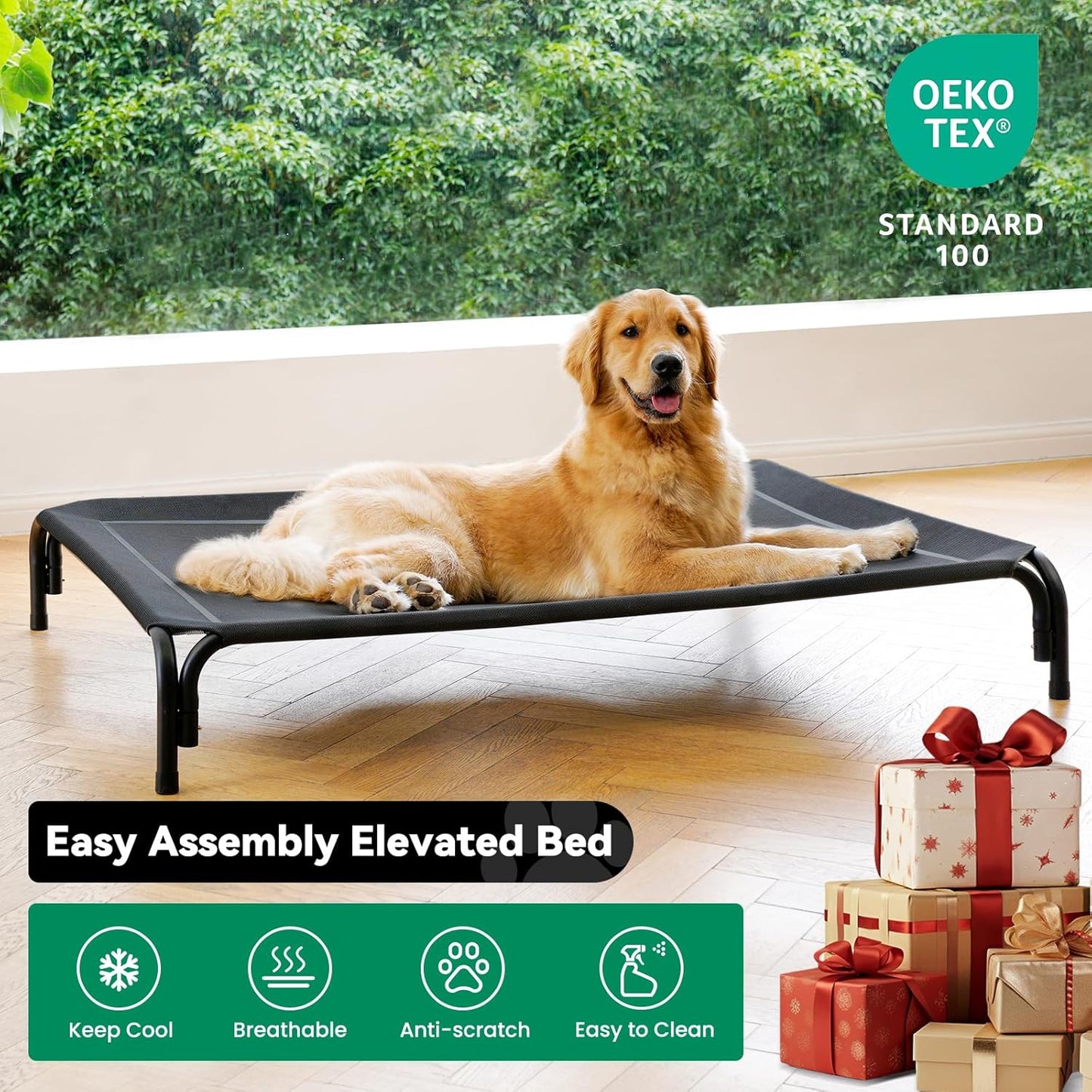 Elevated Dog Bed Raised Outdoor Dog Cot for Extra Large Dogs, Installation Requires No Tools, Frame with Washable Cooling Breathable Mesh Anti-Slip Feet, Indoor Pet Bed, Black, 48.8 Inches