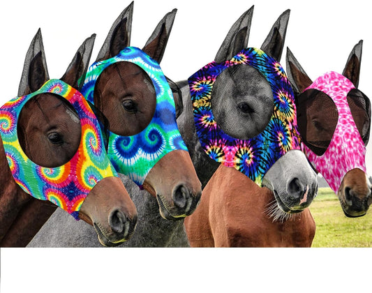 Frienda 4 Pieces Horse Fly Masks with Ears Face Covering UV Protection from Insect Pests Elasticity Smooth Comfortable Mesh Horse Mask Accessories(Tie-dye,Medium)