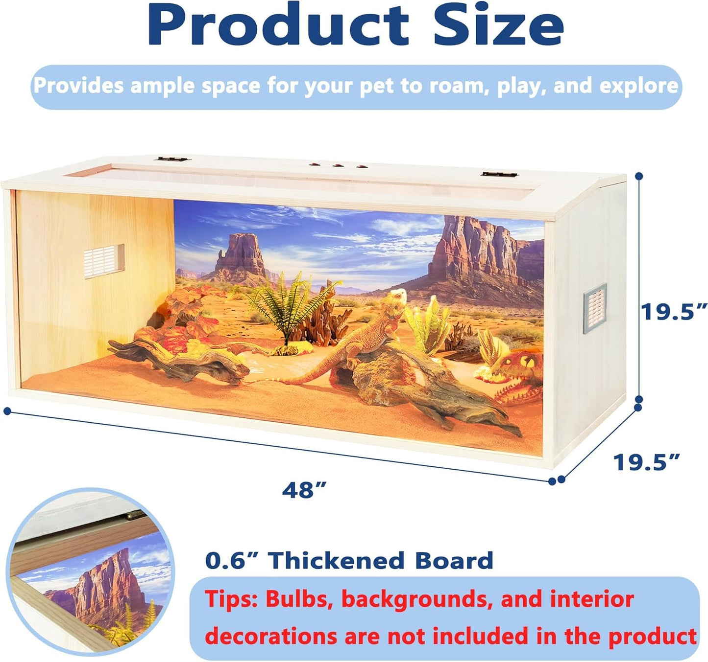 Prolee Reptile Terrarium, Lizard Tank Up to 68 Gallons, Bearded Dragon Tank with Roof Door, Snake Tank with Built-in Lamp Fixture and Switch (68 Gallon, 48" Long, Openable Wood Roof)