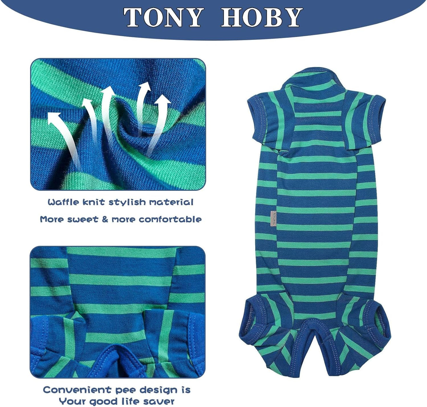 TONY HOBY Dog Pajamas for Medium Small Dogs, Dog Jumpsuit with Stripes 4 Legged Pajamas, Soft Dogs Pet Clothes (Blue&Green, Girl, XS)