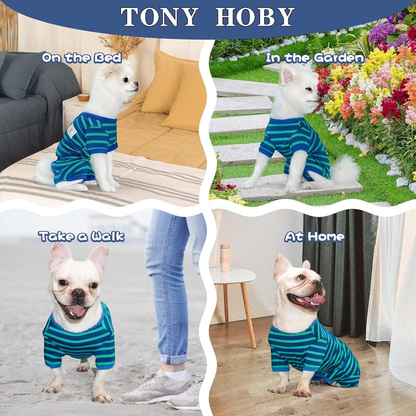 TONY HOBY Dog Pajamas for Female/Male, Dog Jumpsuit with Stripes for Small Medium Dogs, Soft and Comfortable 4 Legged Pajamas Dogs Clothes (Blue&Green, Boy, S)