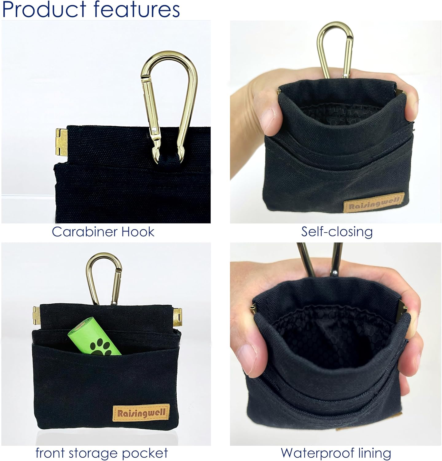 Dog Treat Pouch, Black Pocket Sized Pet Training Pouch, Cotton Fabric, Hand Free Dog Walking Bag with Carabiner, Self-Closing Pet Feed Snack Reward, for Pet Puppy Travel or Outdoor Use