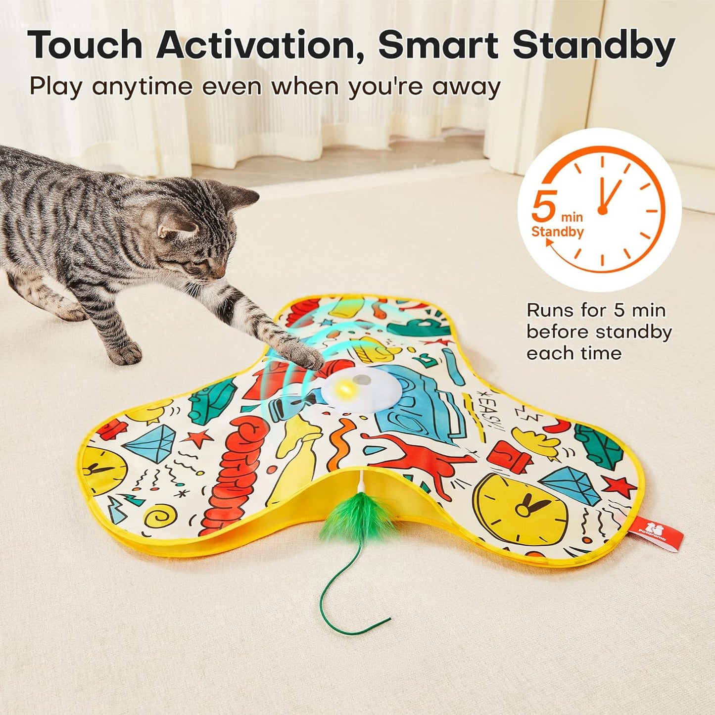 Potaroma Interactive Cat Feather Toys, Hide and Seek Concealed Moving Feather Wand, Rechargeable Touch Activated Indoor Kitten Exercise Kicker, Mouse Squeaky, Graffiti Cover