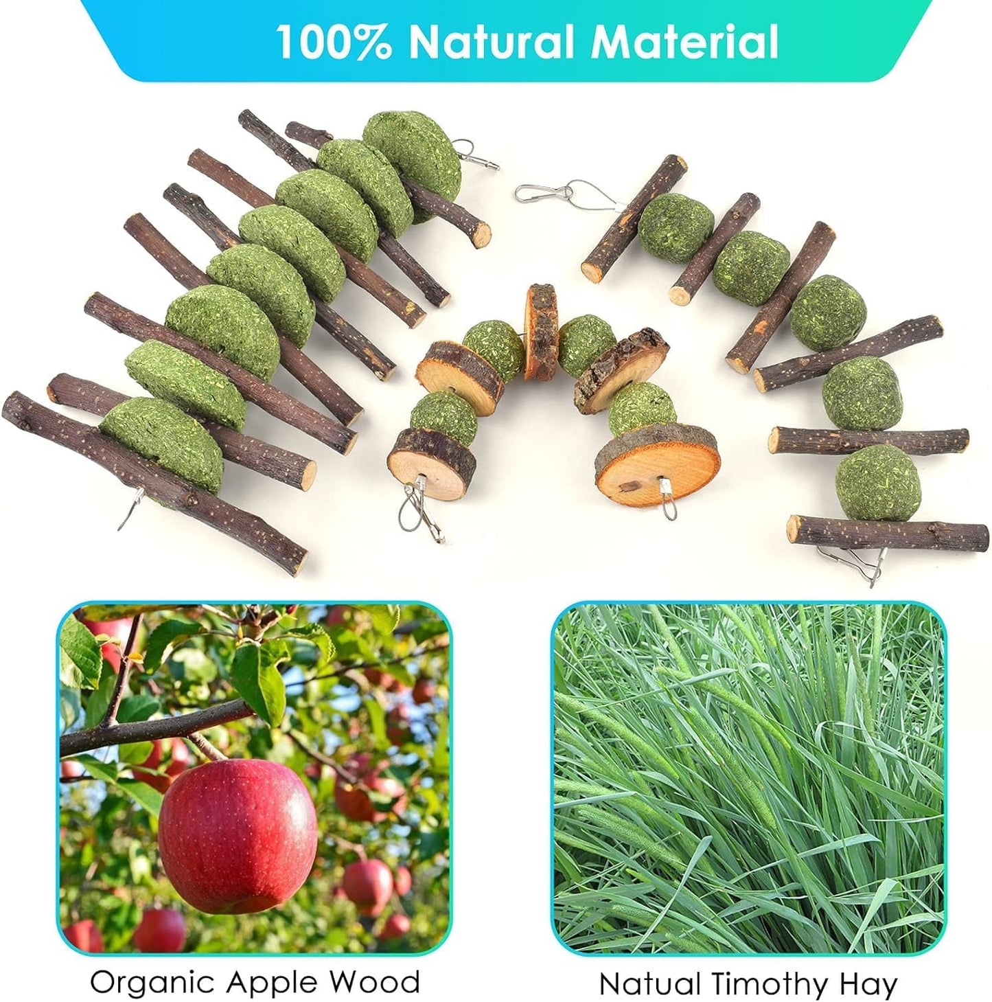 ERKOON Bunny Chew Toys, Rabbit Chew Toys for Teeth Grinding, Improve Dental Health, 100% Natural Apple Wood Timothy Grass Cake Treats for Rabbits Guinea Pigs Chinchillas Bunnies Hamsters (9 Pcs)