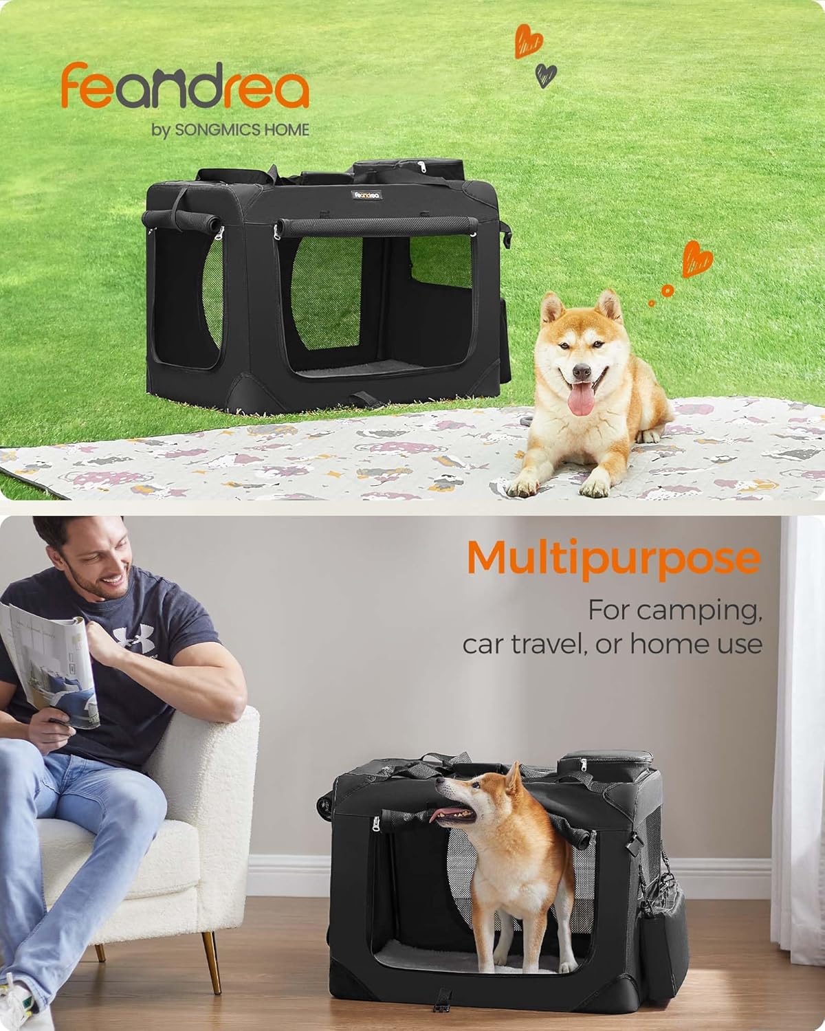 Feandrea 28 Inches Collapsible Soft Dog Crate, Portable Travel Dog Crate for Indoor and Outdoor Use, Dog Carrier Kennel with Safety Zippers, for Living Room, Car, Travelling, Black UPDC70H