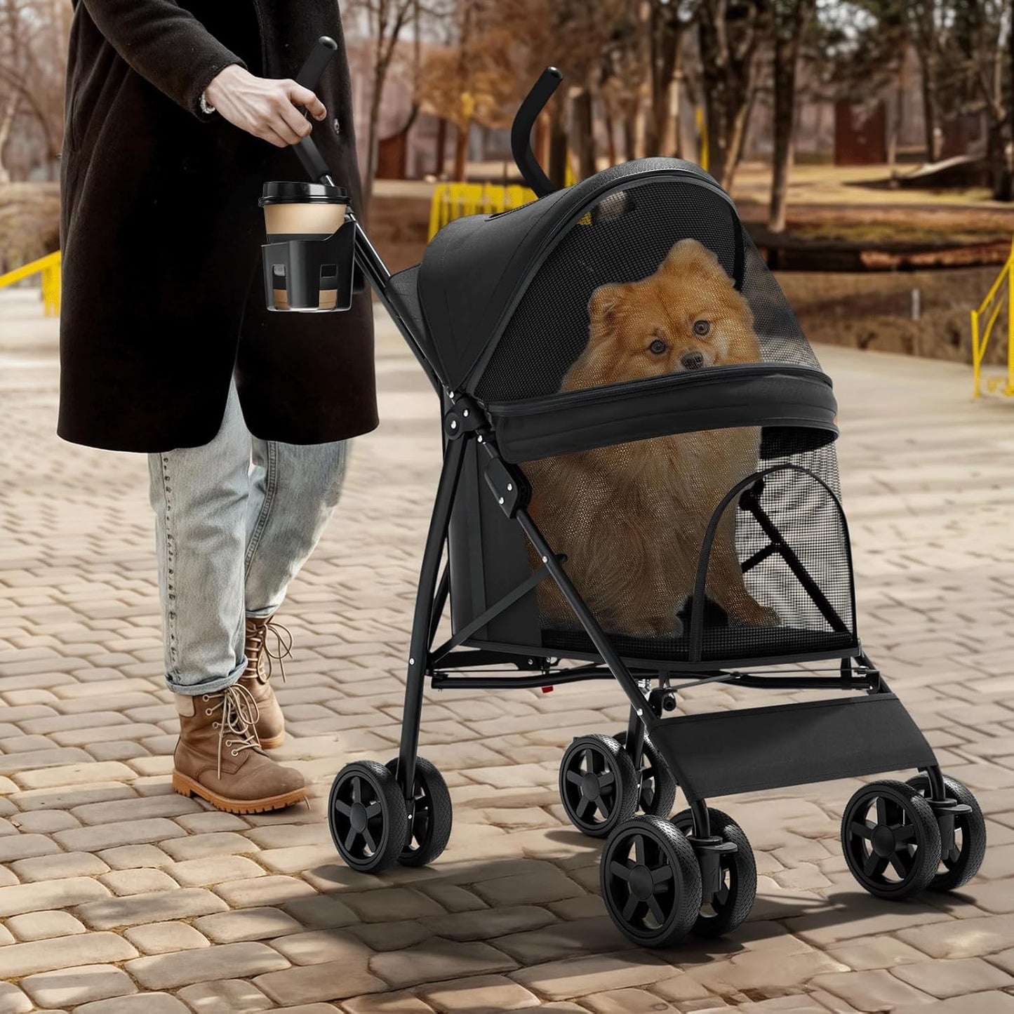 Magshion Compact Pet Stroller for Small-Medium Dogs/Cats up to 22lbs, 4-Wheel Lightweight Umbrella Shaped Portable Puppy Travel Jogger with Breathable Mesh, Cup Holder & Rear Storage, Black