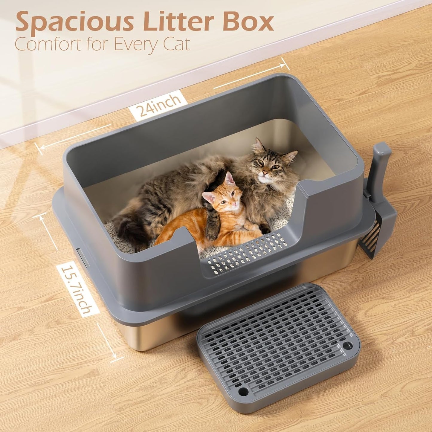XL Stainless Steel Cat Litter Box with Lid – High Sides, Leak-Proof, Non-Stick Metal Litter Box for Large Cats – Easy to Clean, Includes Filter Pedal, Scoop & Cleaning Brush