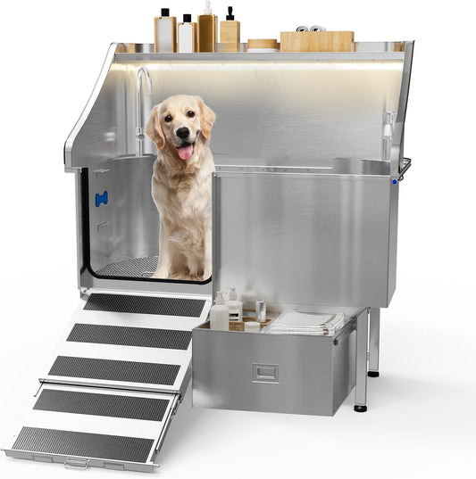 50'' Dog Washing Station - 304 Stainless Steel, LED Dog Bathing Station with Ramp, 2 Drawer, Floor Grate & Lick Pad for Large, Medium & Small Dogs