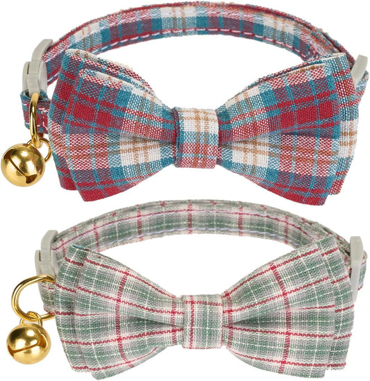 2 Pack Soft Cotton Christmas Cat Collars with Bowtie and Bell Breakaway Plaid Cat Kitten Collar(Red and Green)