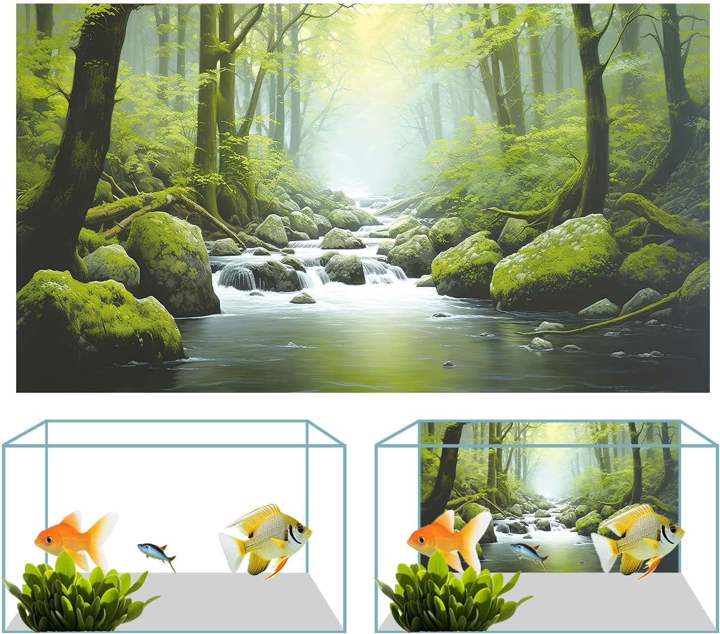 72X18IN Tropical Forest Terrarium Background, Natural Green Forest Tree Reptile Habitat Background, Misty Rainforest Aquarium Background, with 8 EVA Double-Sided Tape