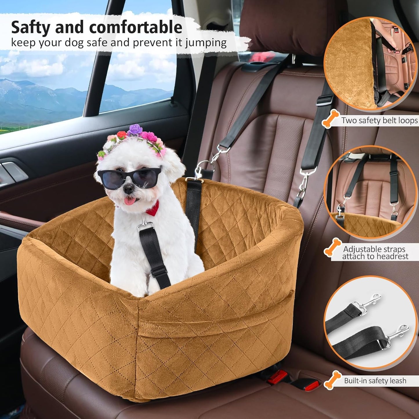 Dog Car Seat for Small Medium Dogs,Detachable Washable Dog Booster Seat Under 30lbs,Pet Car Seat Travel Bed with Storage Pockets and Dog Safety Belt（Brown