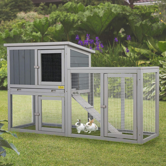 Assembled Wooden Indoor & Outdoor Rabbit Hutch, 2 Story Small Animal House Habitat, Durable Pet Bunny House Cage with Cleaning Tray, for Bunny Chick Duck Hamster (Grey)