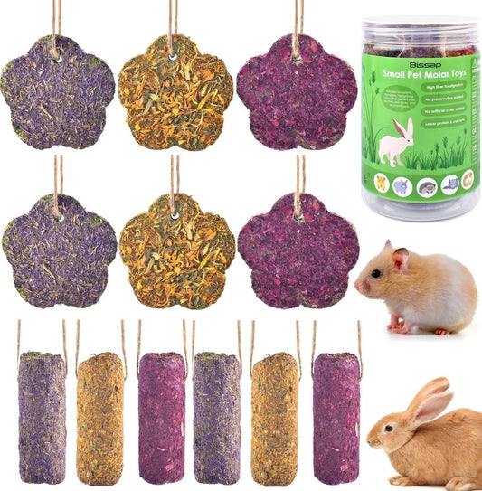 Bissap 12PCS Rabbit Chew Sticks, Hanging Chew Sticks & Cakes Timothy Hay Carrot Strawberry Treat for Bunny Chinchilla Guinea Pig Hamster and Other Small Pets Molar Snack Toy