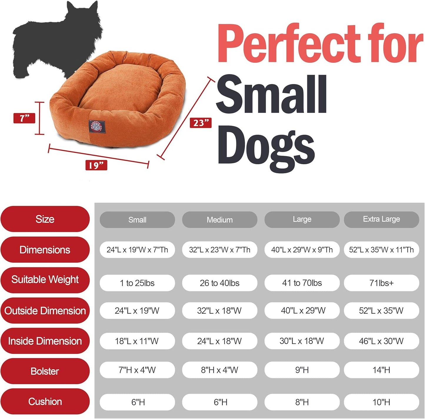 Majestic Pet Villa 24 Inch Shredded Memory Foam Dog Bed for Small Sized Dogs 24x19x7 Inch–Orthopedic Dog Bed - Durable Pet Bed - Washable Small Pet Bed with Head Support-Orange