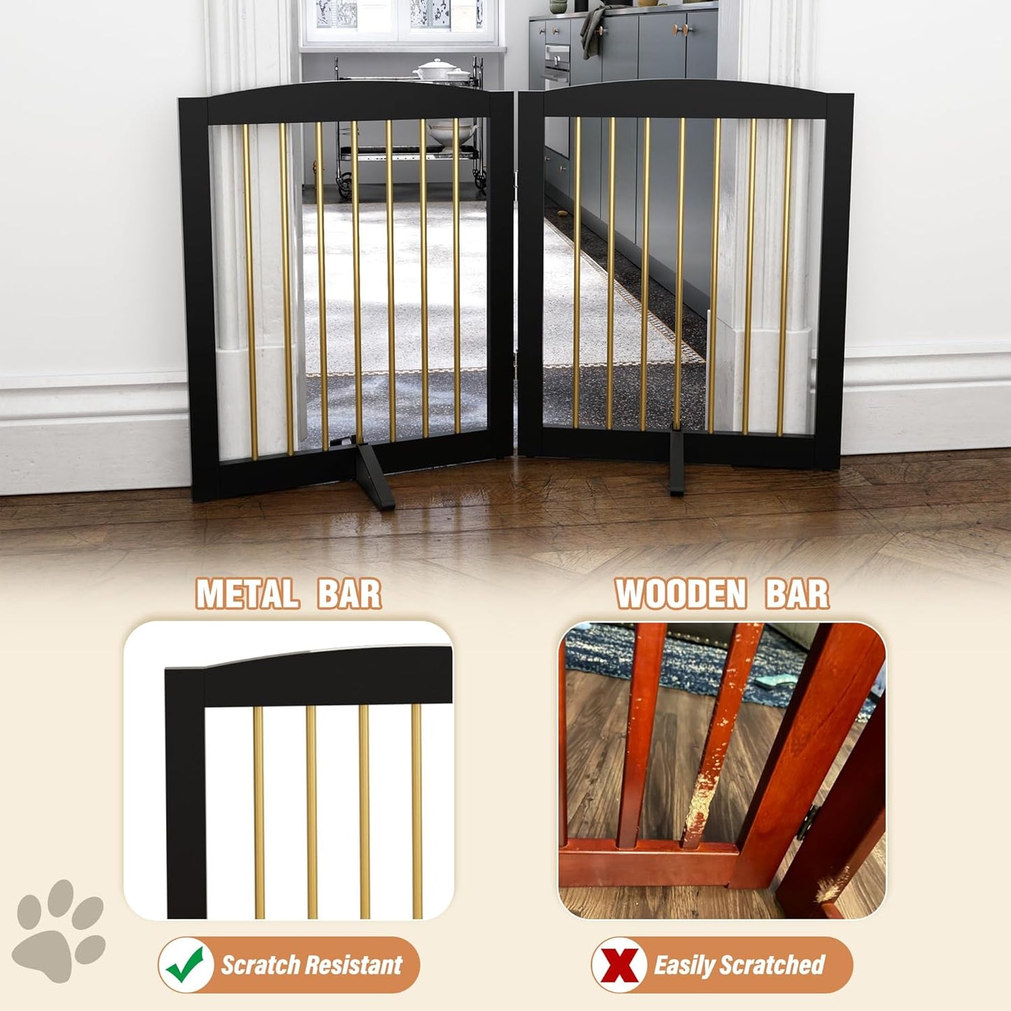 Freestanding Pet Gate for Dogs, Foldable Wooden Dog Gate for House, Stairs, Doorways, Step Over Pet Puppy Safety Fence,Support Feet Included,24" Height 2 Panels, Black&Gold